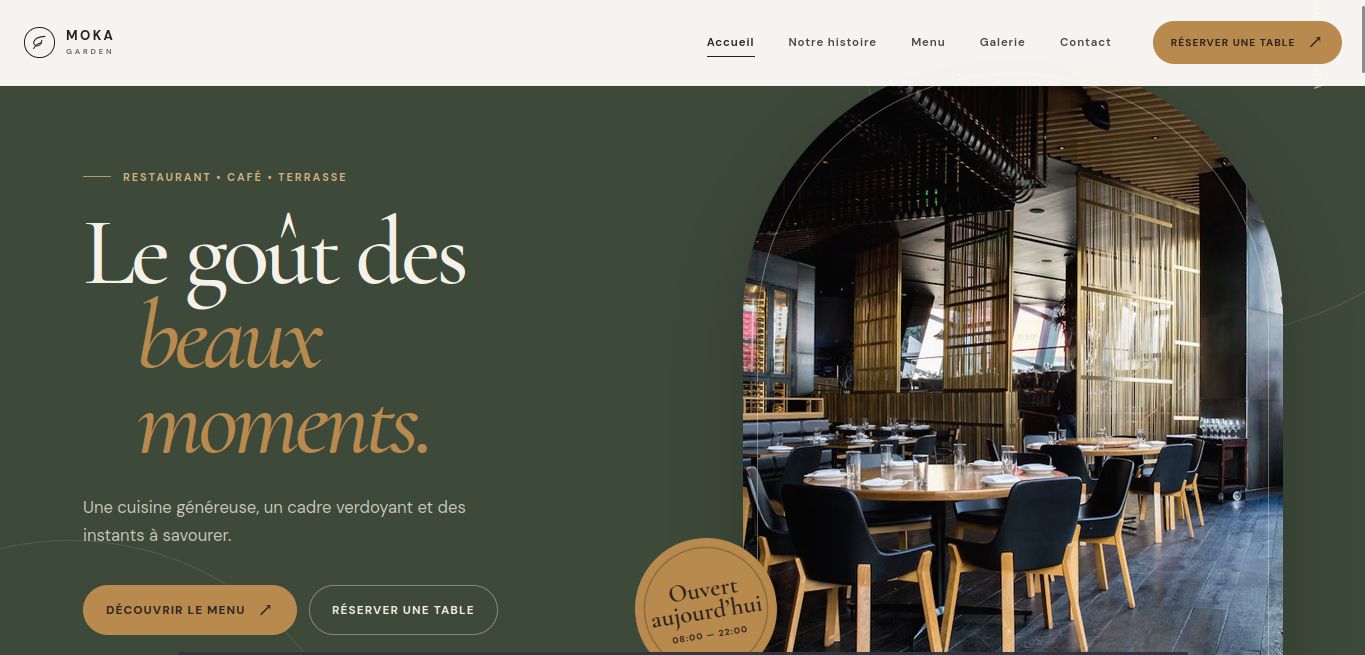Page d'accueil du site vitrine Moka Garden, réalisé par STech pour un restaurant
